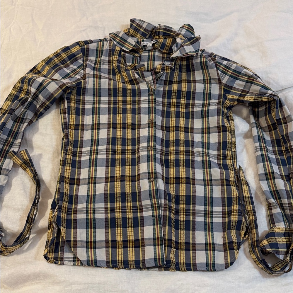 JW Anderson x Uniqlo cute plaid seersucker top with ruffles, womens S